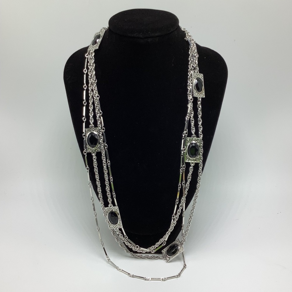 Vintage Emmons Long‎ Double Strand Silver tone w/ Facet Black Frame Stone Accent